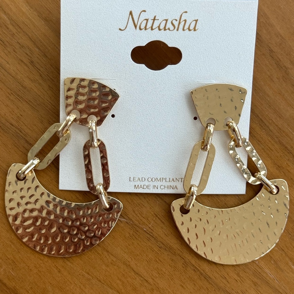 Natasha Couture Hammered Gold Chain Earrings - Picture 3 of 6